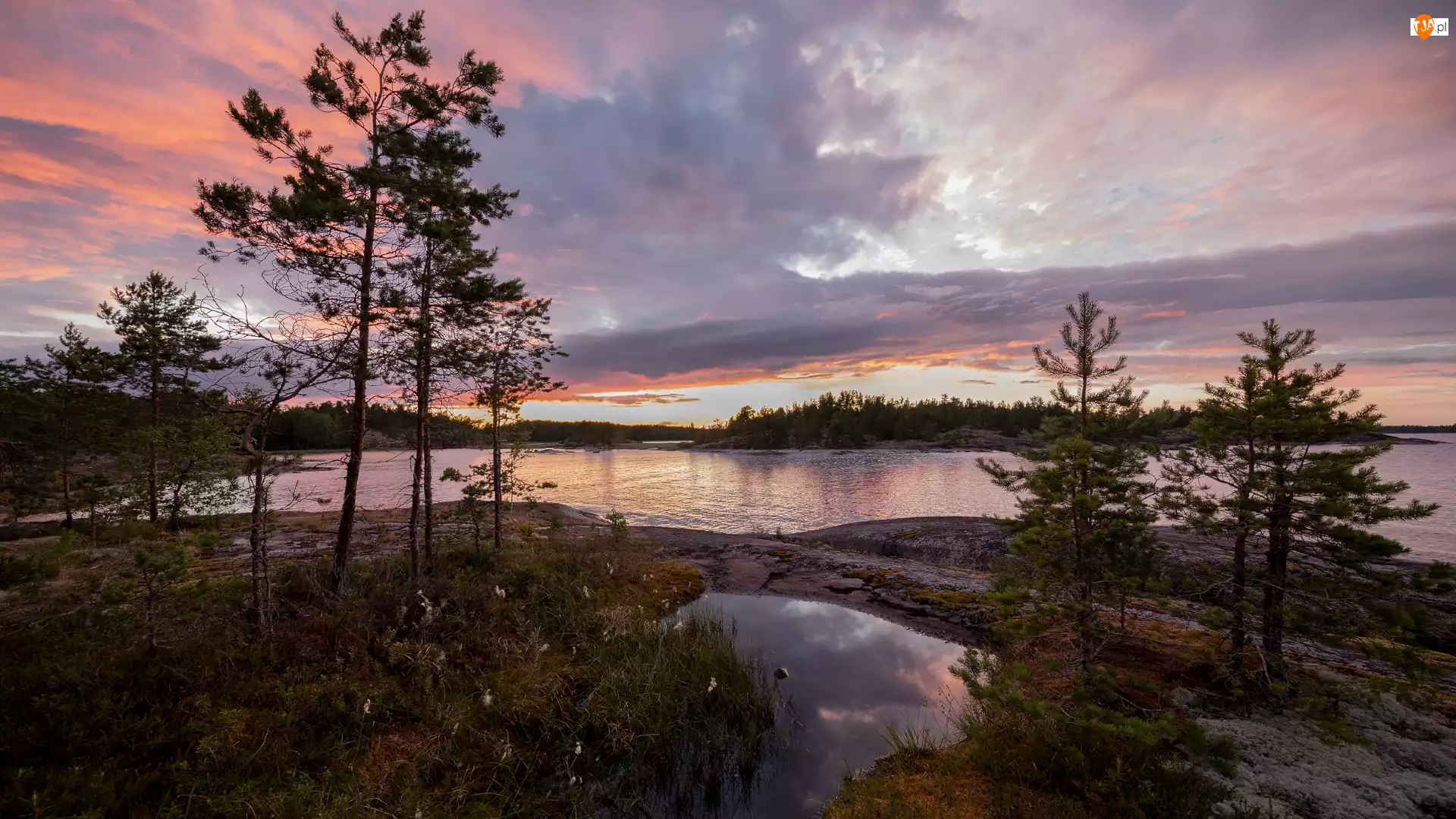 Skały, Drzewa, Rosja, Jezioro Ładoga, Karelia, Zachód słońca, Chmury