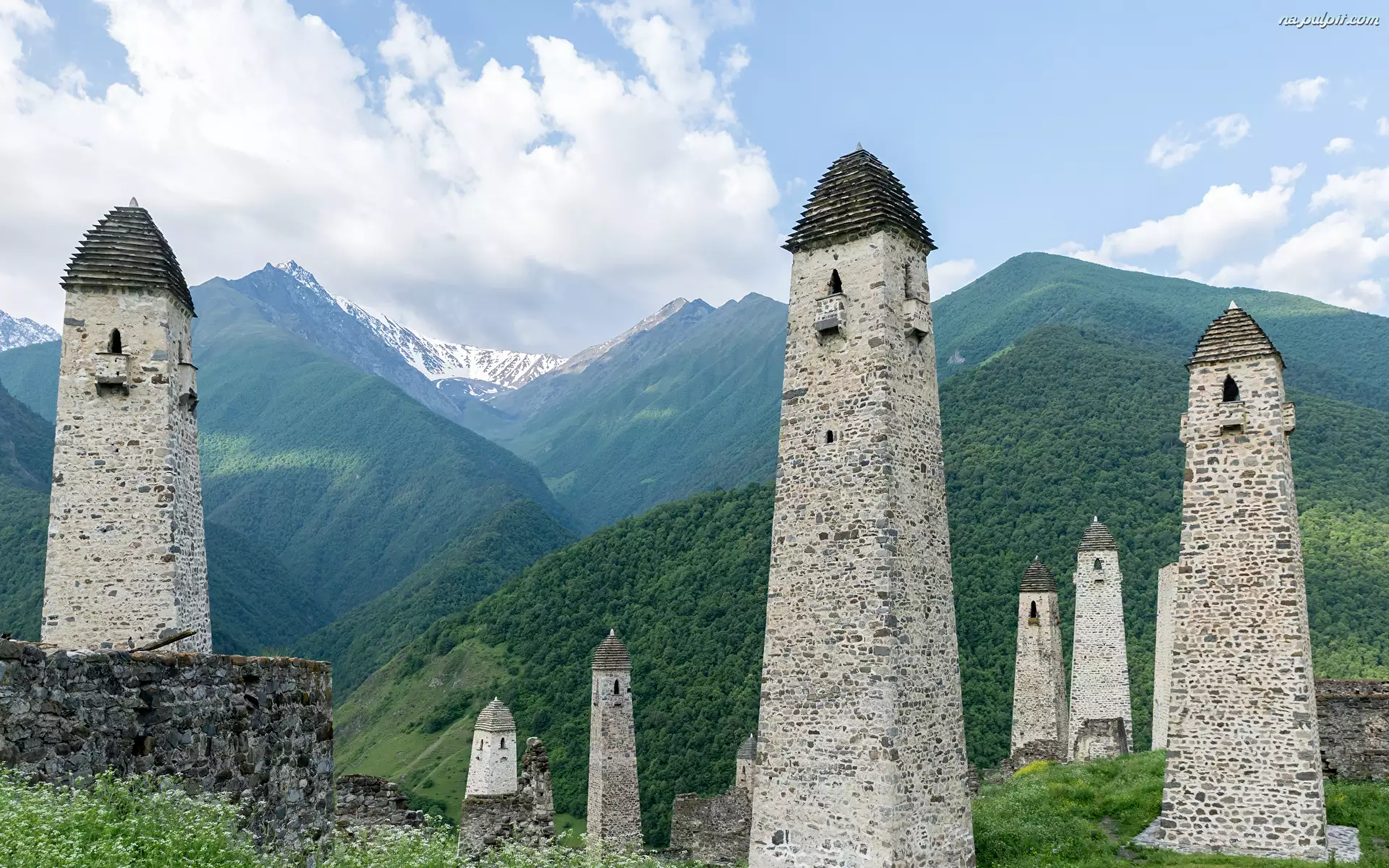 Rosja, Inguszetia, Drzewa, Wieże obronne, Góry, Kaukaz, Skały, Erzi, Ruiny