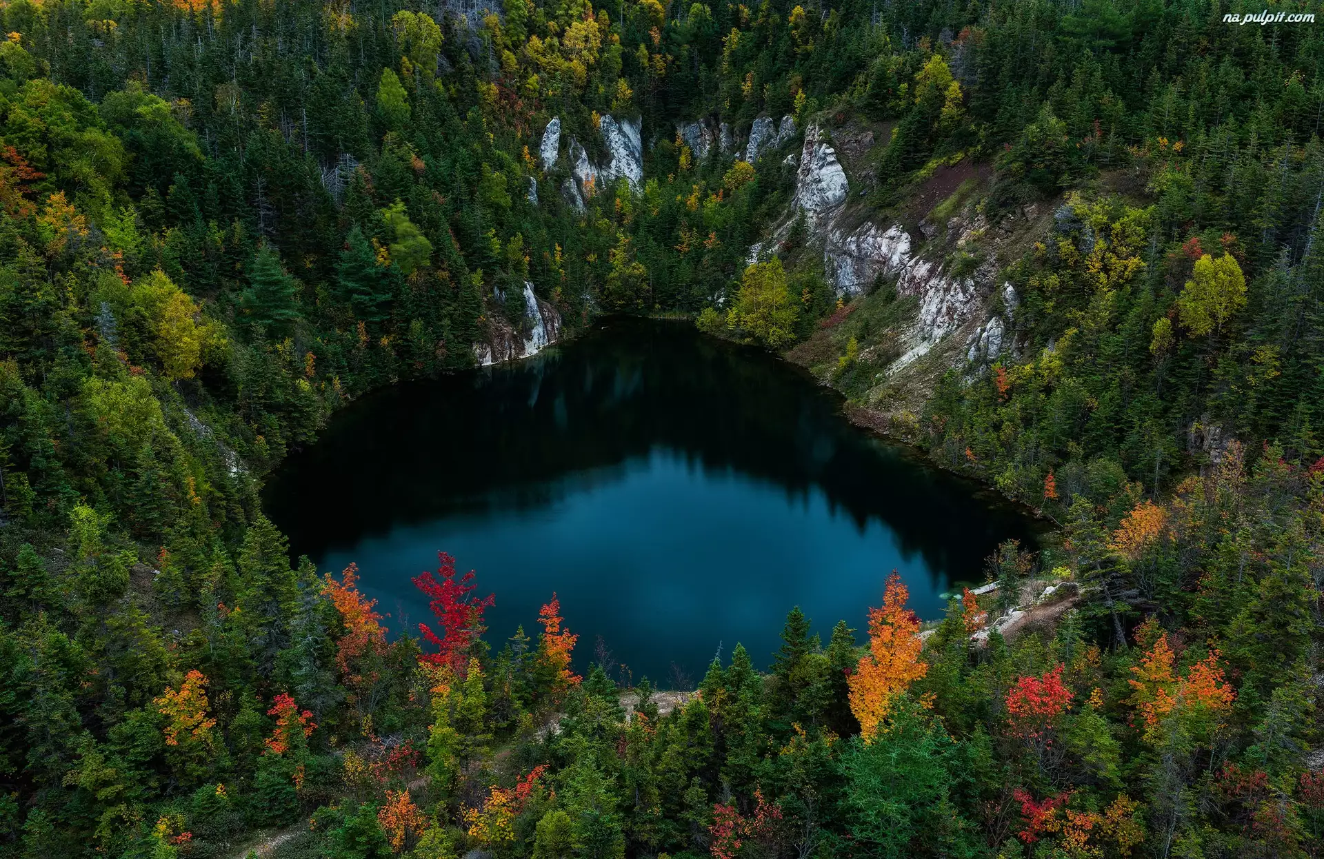 Gypsum Mine Lake, Lasy, Kanada, Jezioro, Nowa Szkocja, Skały, Jesień