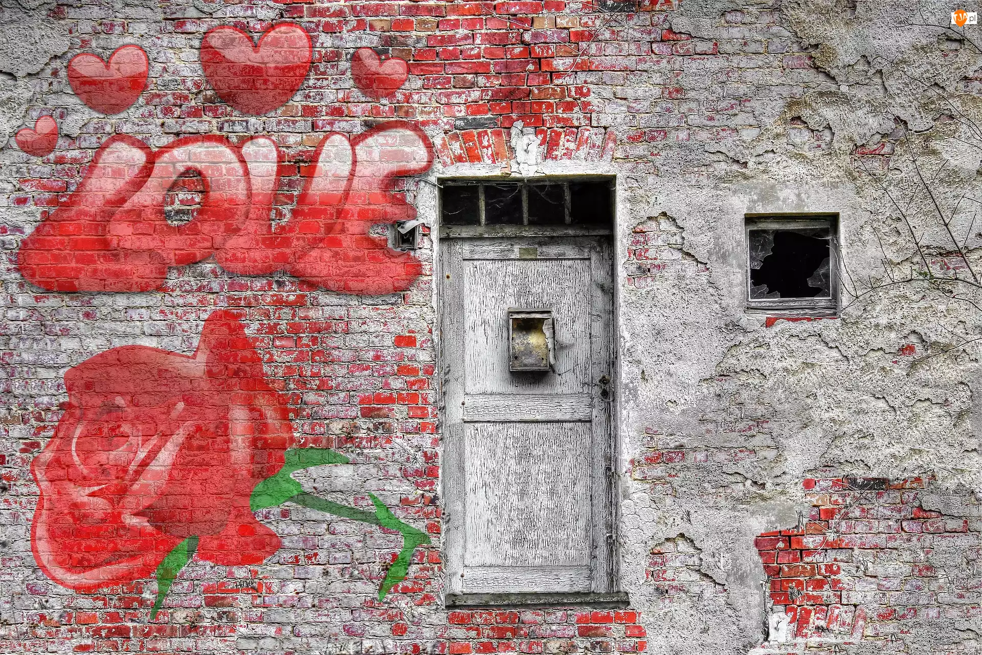 Love, Ściana, Napis, Street art, Serca, Zniszczona, Cegły, Róża, Mur, Drzwi, Okienko, Miłosne