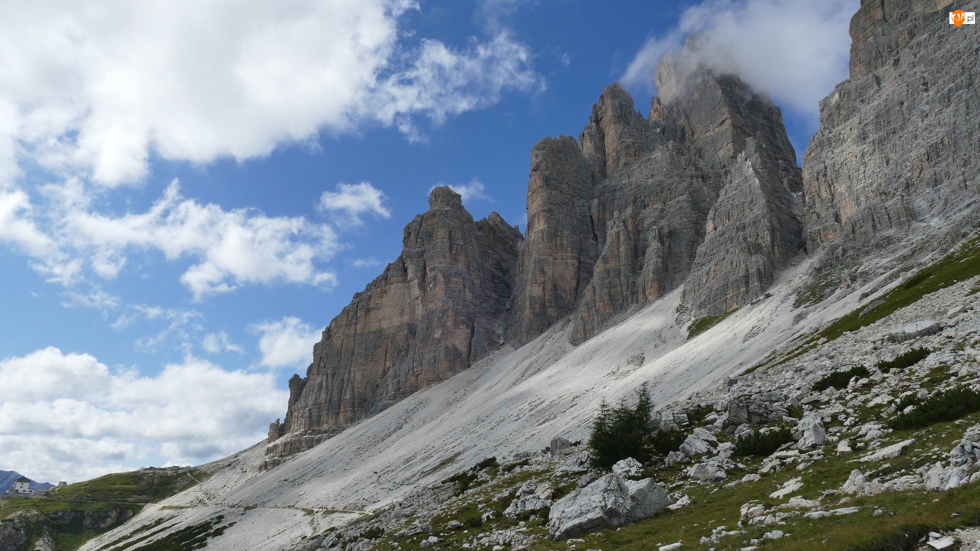 Skały, Kamienie, Włochy, Góry, Tre Cime di Lavaredo, Dolomity, Drzewa