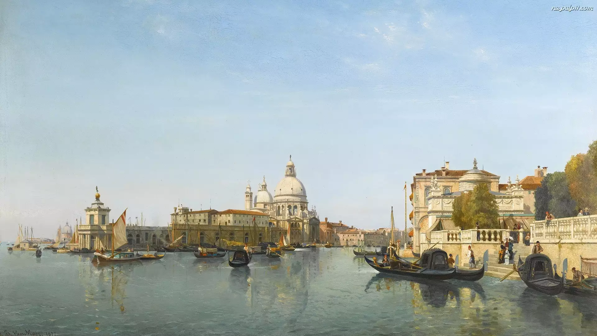 Gondole, Malarstwo, Budowle, Wenecja, Obraz, Kanał, Włochy, Jean-Baptiste van Moer