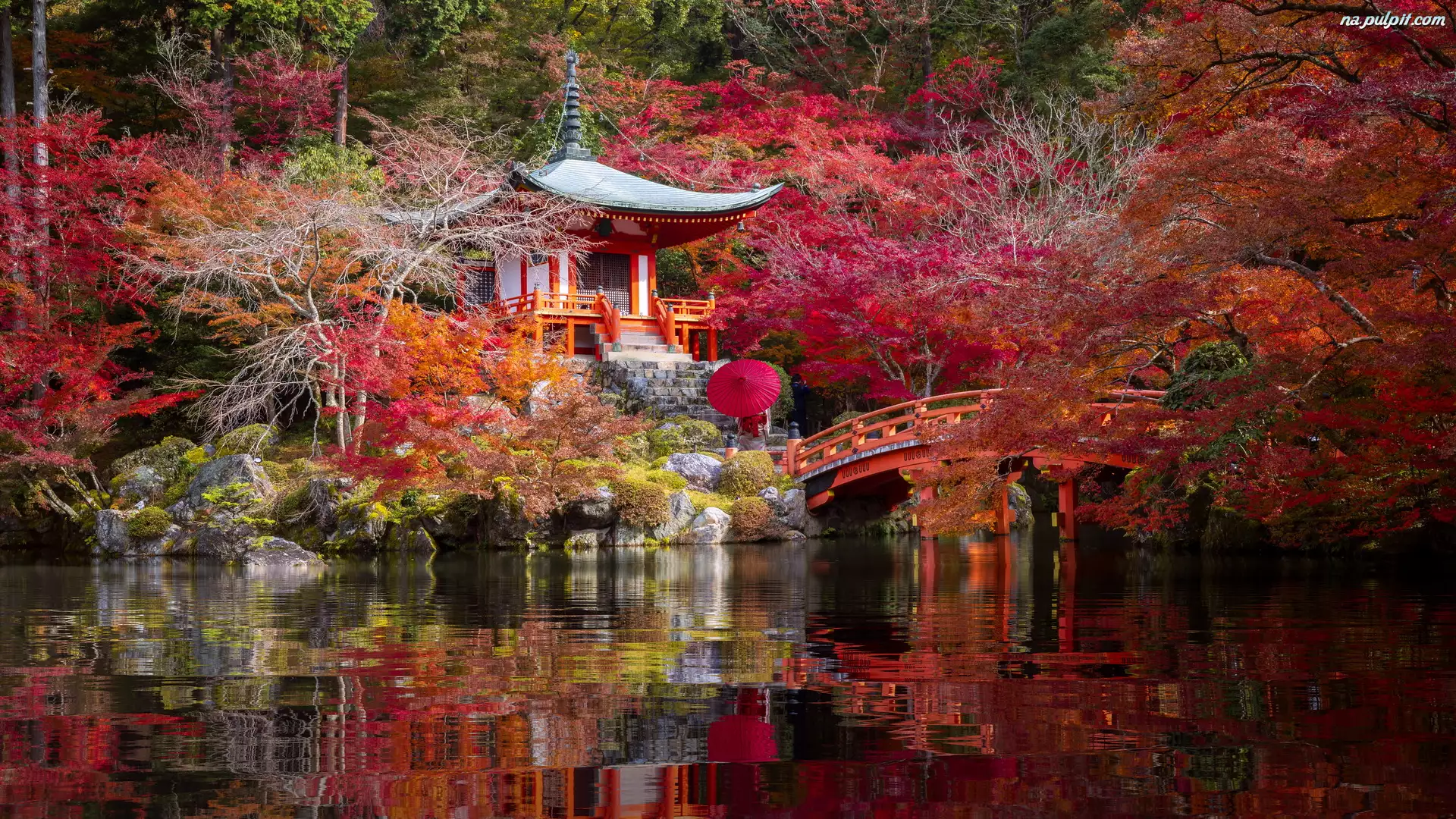 Drzewa, Benten-do, Staw, Japonia, Jesień, Świątynia, Daigo-ji, Most, Kompleks, Ogród, Park, Kioto