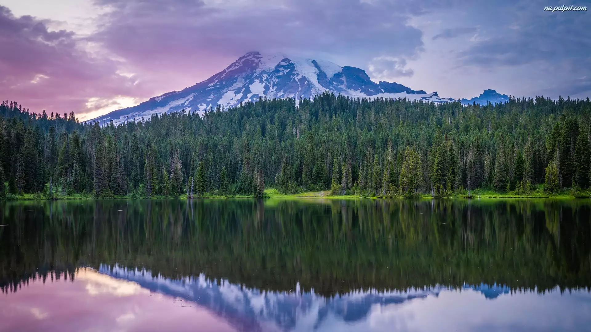Góry, Jezioro, Stany Zjednoczone, Park Narodowy Mount Rainier, Stan Waszyngton, Chmury, Drzewa