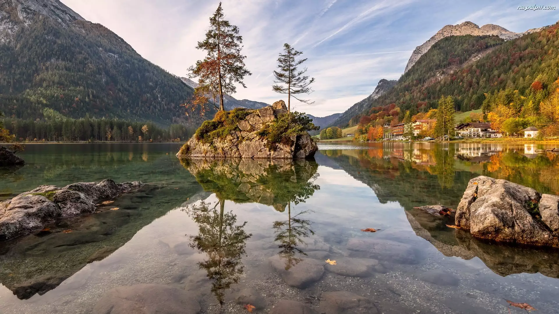 Gmina Berchtesgaden, Góry, Drzewa, Bawaria, Jezioro Hintersee, Domy, Niemcy, Skały