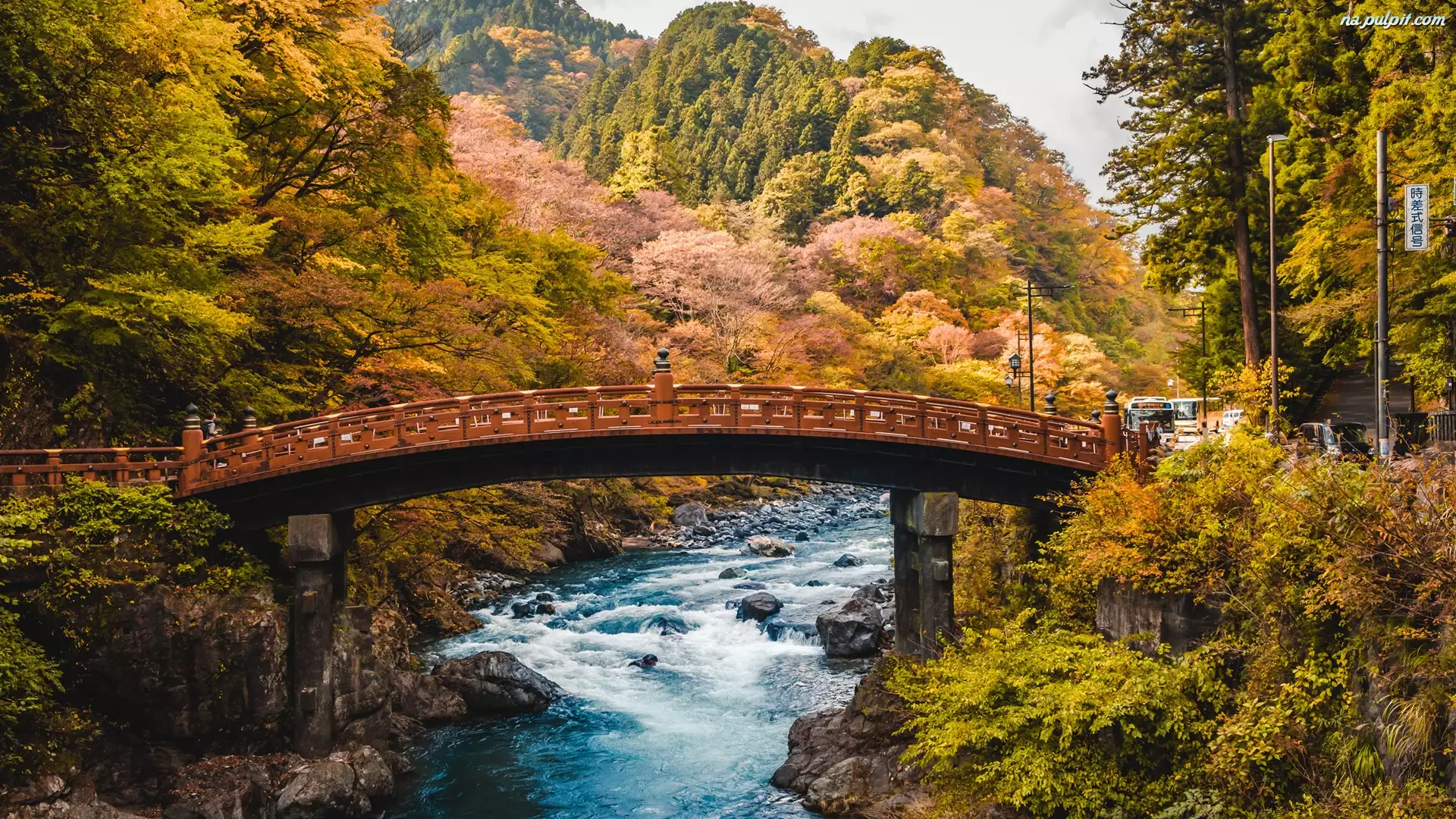 Japonia, Daiya River, Nikko, Drzewa, Jesień, Most, Shinkyo Bridge, Rzeka, Góry