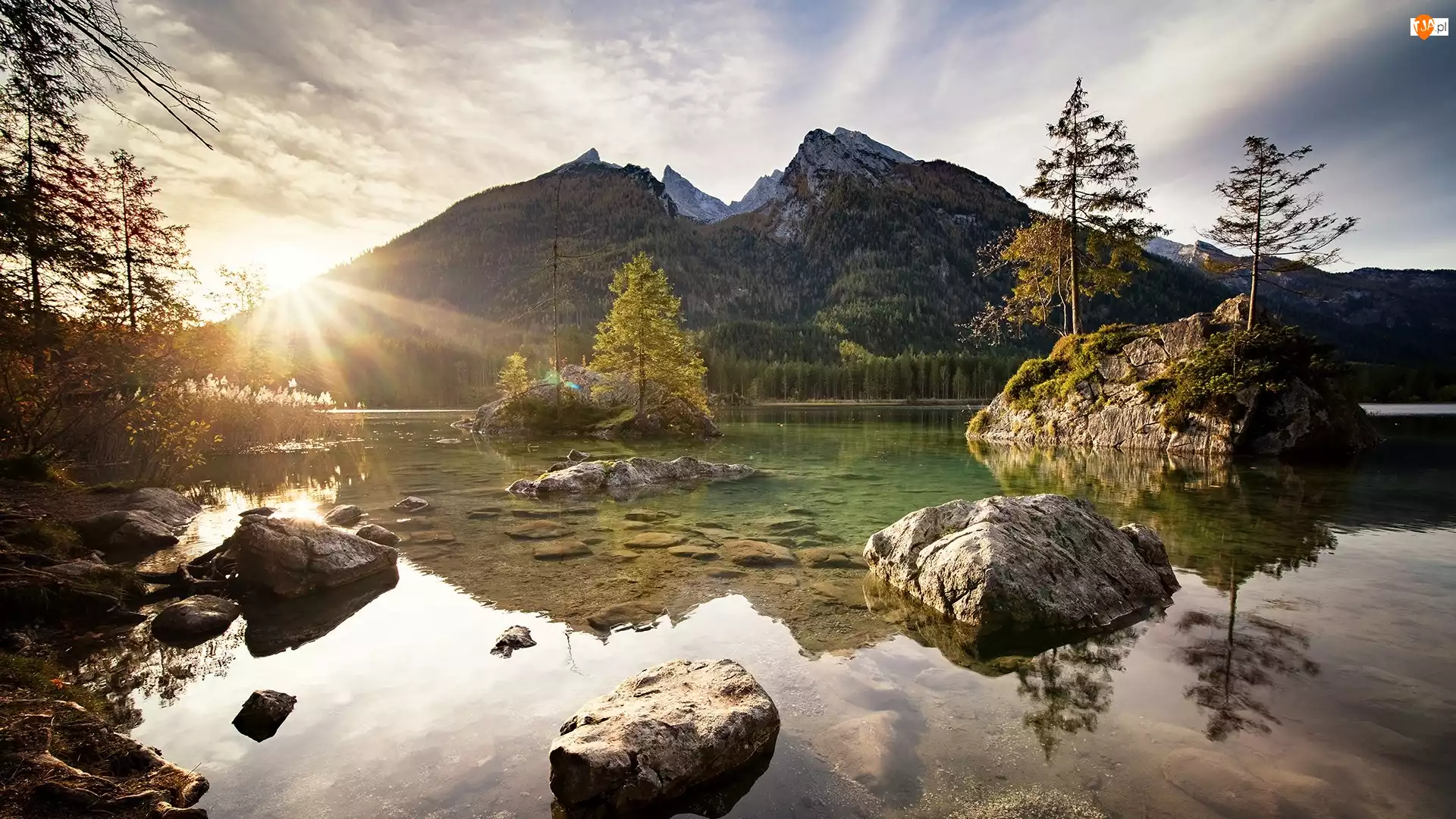 Wschód słońca, Góry, Skały, Bawaria, Alpy, Drzewa, Niemcy, Jezioro Hintersee