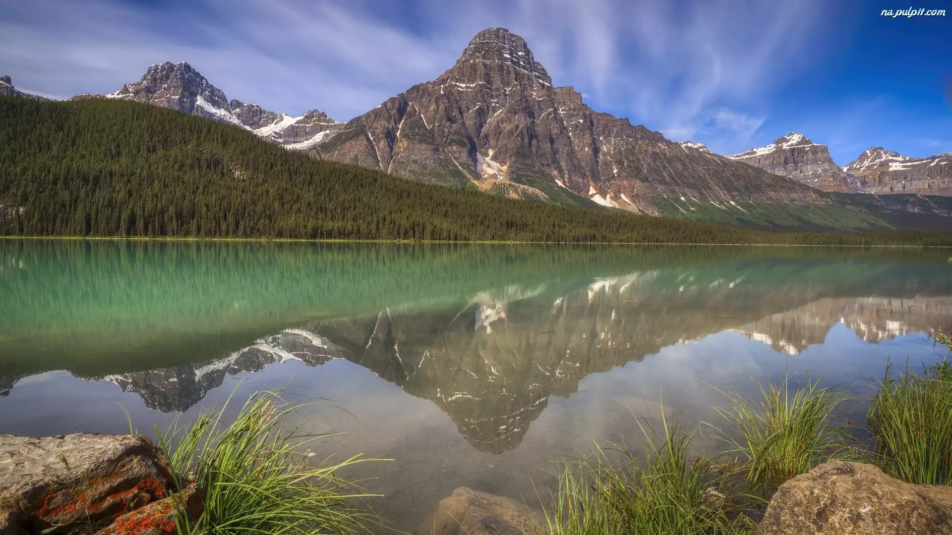 Kanada, Drzewa, Park Narodowy Banff, Kamienie, Mount Chephren, Góra, Waterfowl Lake, Jezioro, Rośliny, Alberta