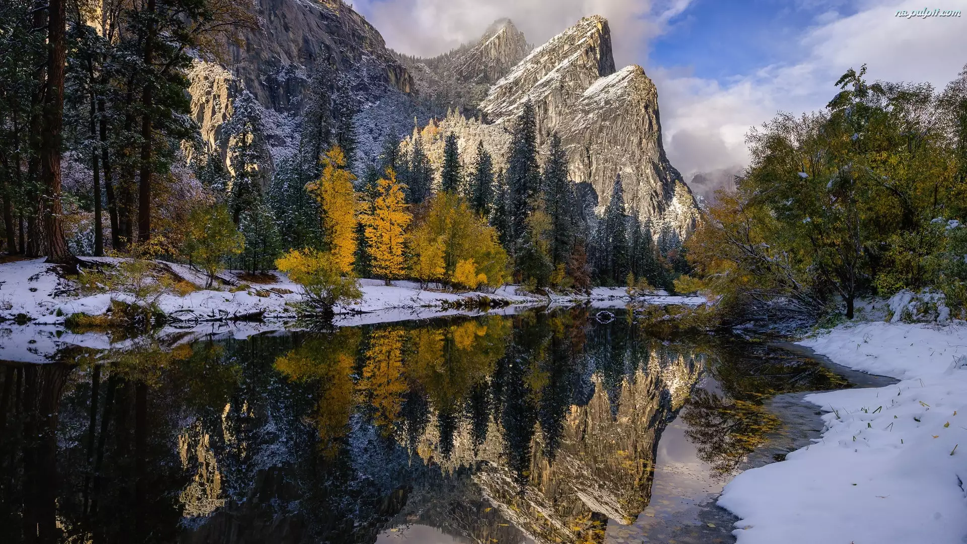 Park Narodowy Yosemite, Góry, Drzewa, Kalifornia, Rzeka, Odbicie, Stany Zjednoczone, Śnieg