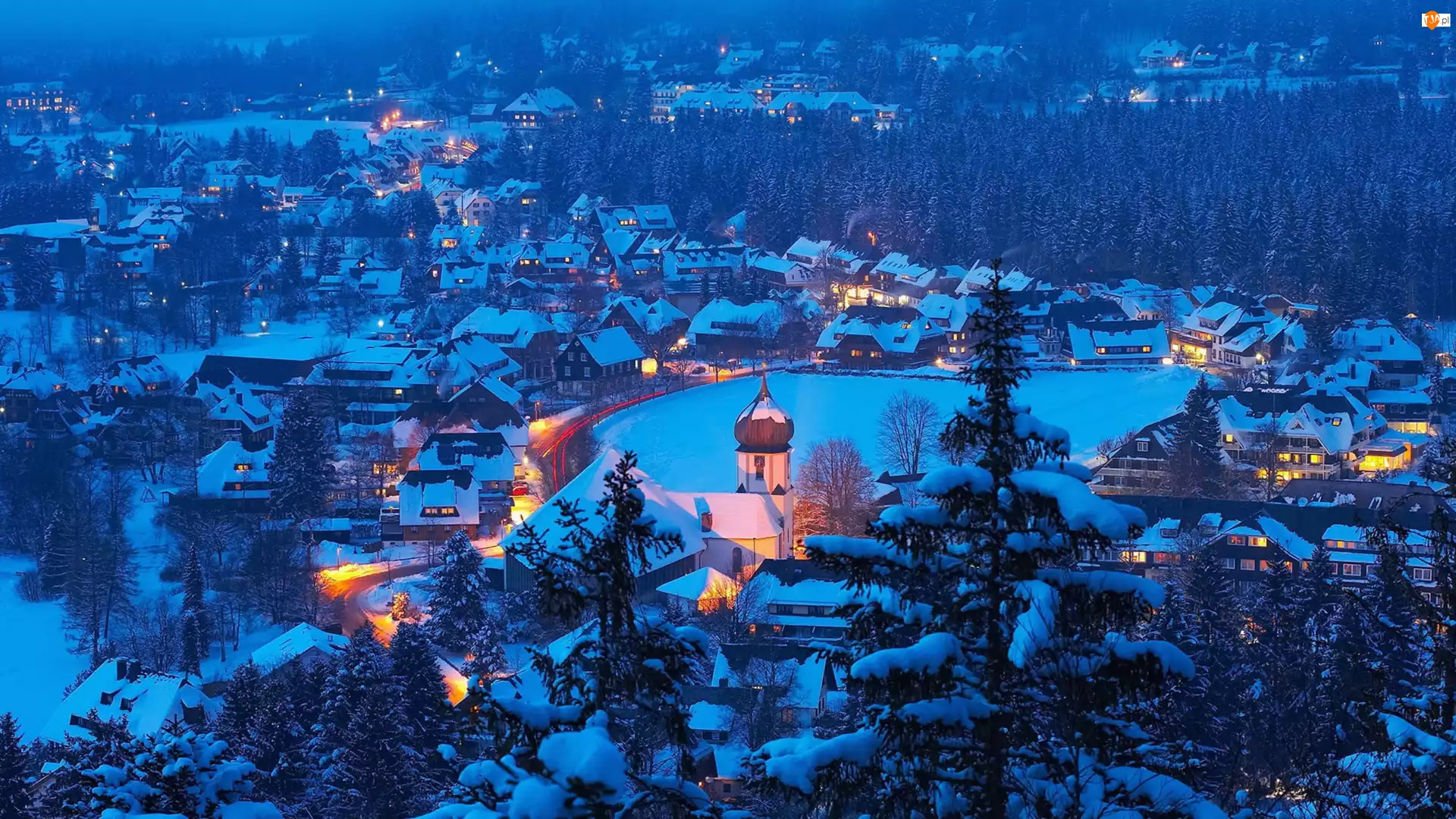 Śnieg, Domy, Niemcy, Zima, Badenia-Wirtembergia, Hinterzarten, Drzewa