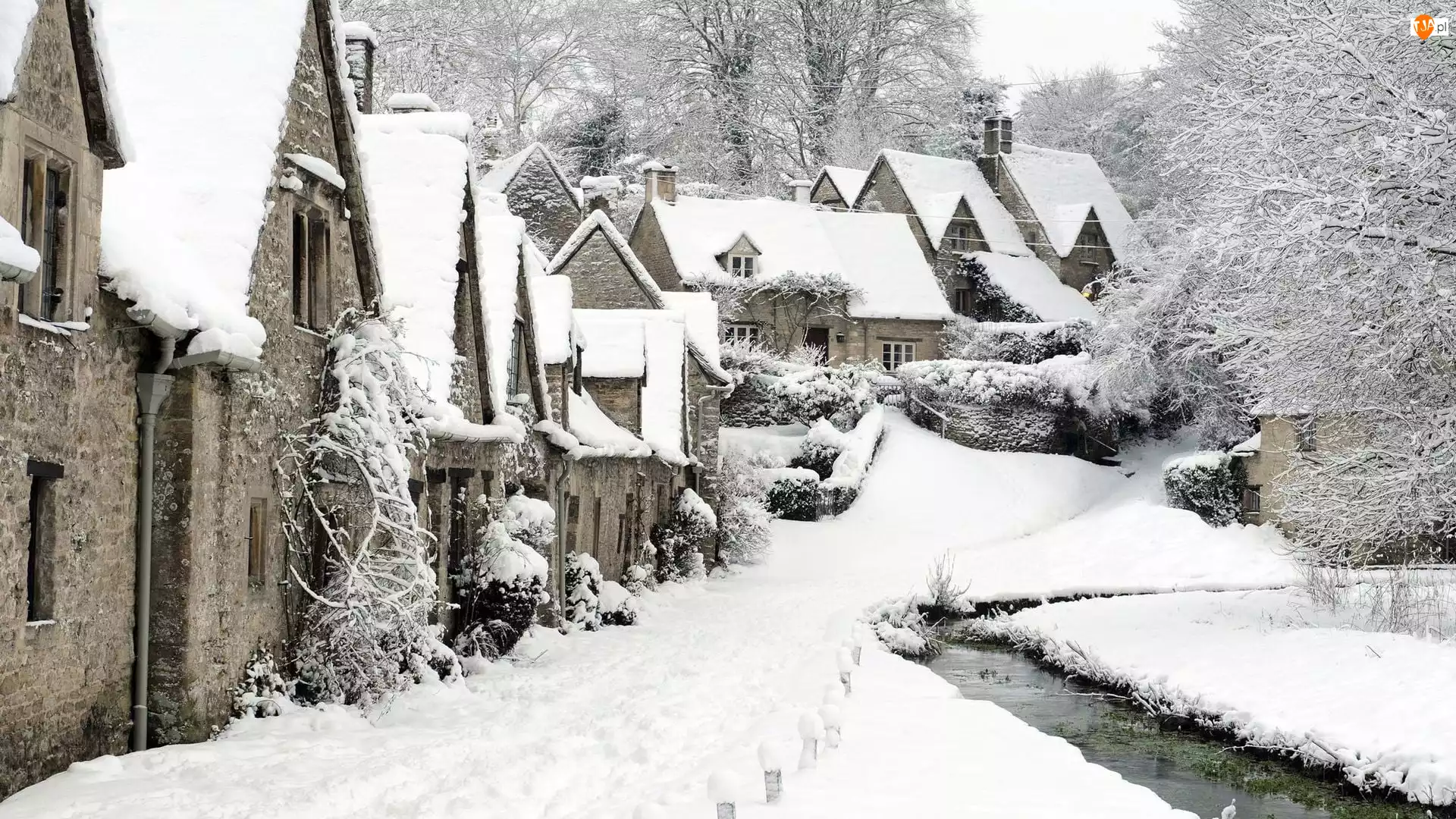 Hrabstwo Gloucestershire, Bibury, Śnieg, Anglia, Zima, Ulica, Domy