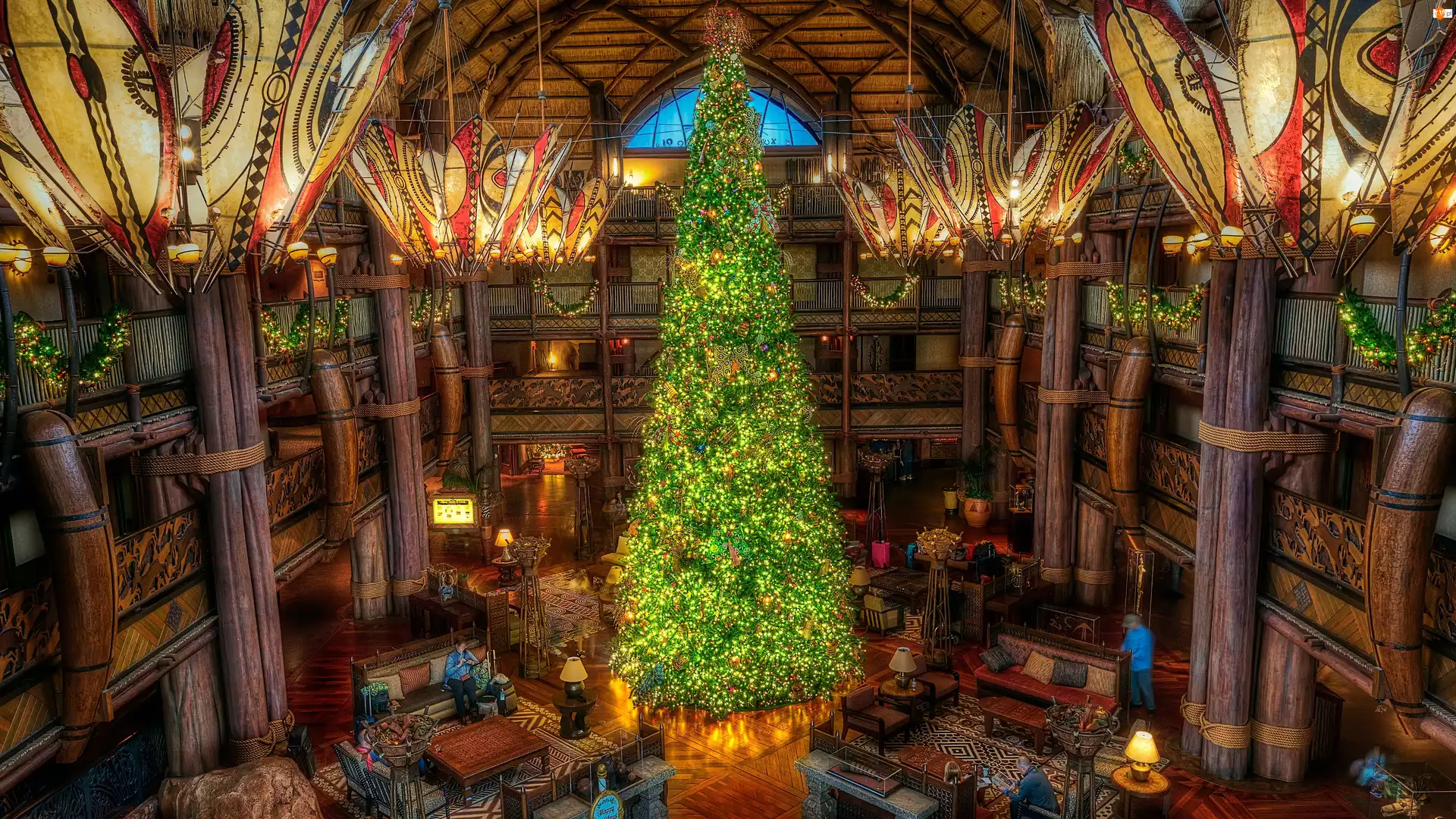 Disneys Animal Kingdom Villas, Boże Narodzenie, Jambo House, Orlando, Choinka, Hotel, Stany Zjednoczone, Wnętrze