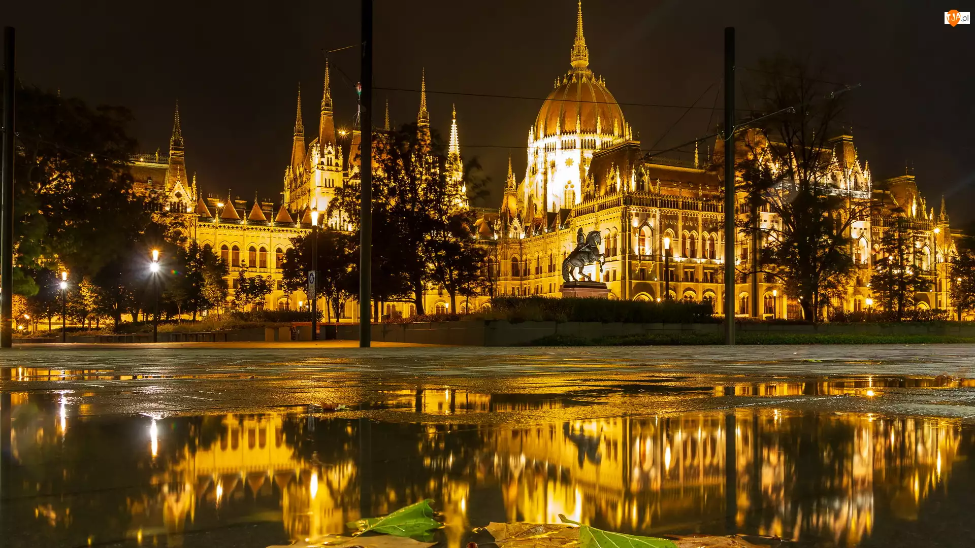 Parlament, Oświetlony, Noc, Węgry, Pomnik konny Franciszka II Rakoczego, Budapeszt