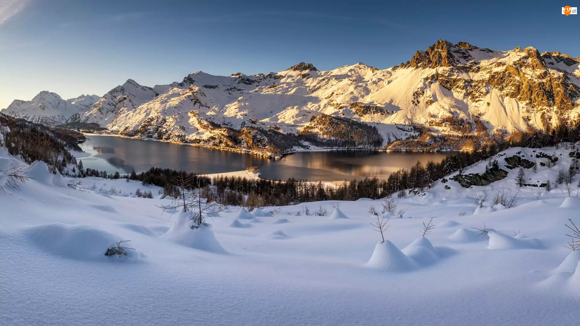 Góry, Zima, Szwajcaria, Dolina Engadyna, Gryzonia, Silsersee, Jezioro