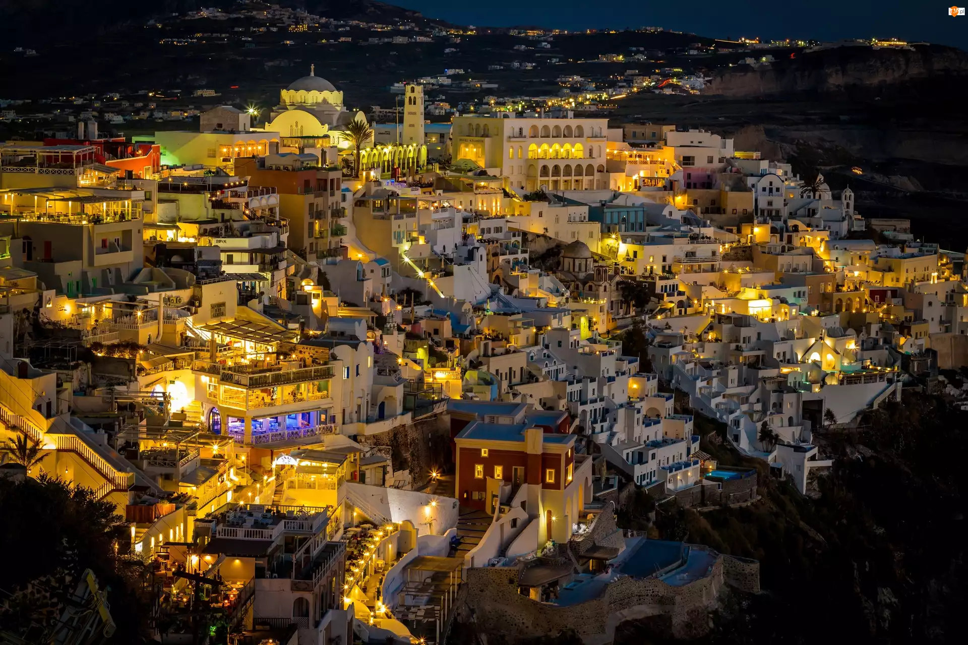 Noc, Miasto nocą, Santorini, Grecja, Domy