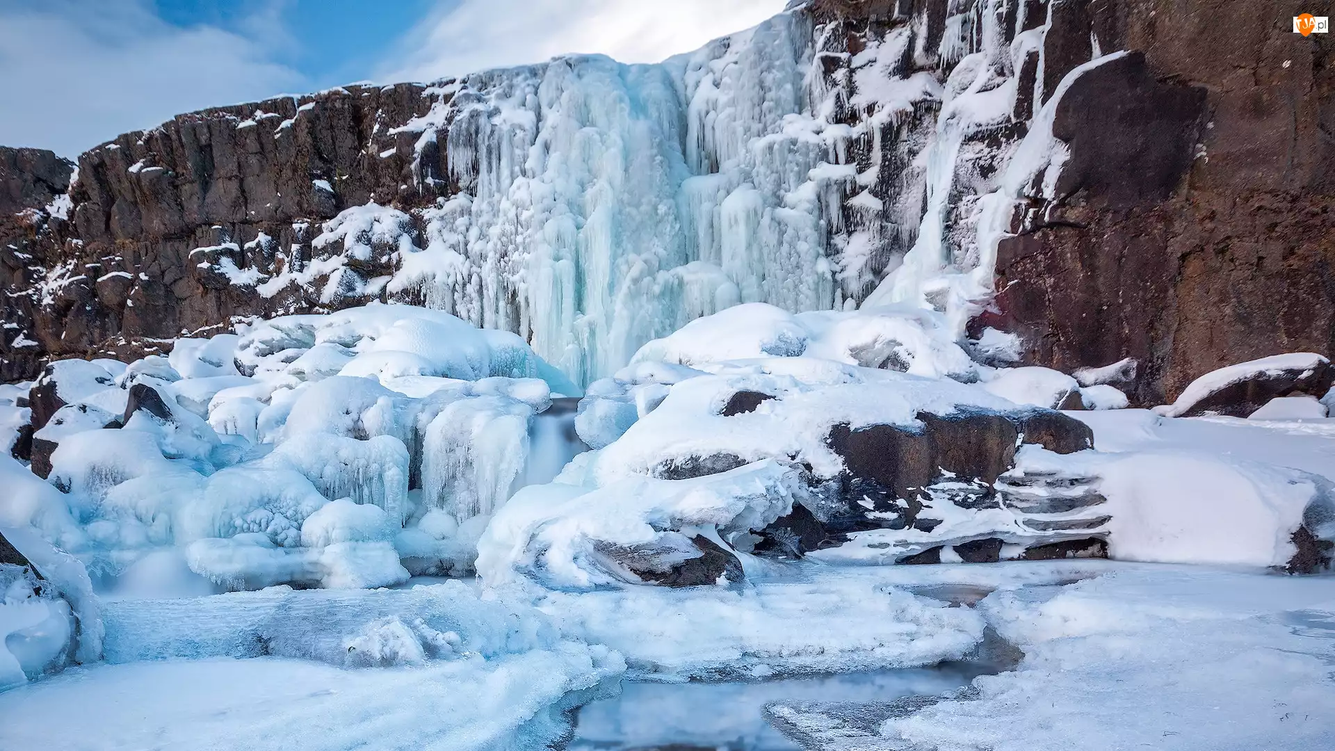 Zima, Śnieg, Wodospad Oksararfoss, Islandia, Lód