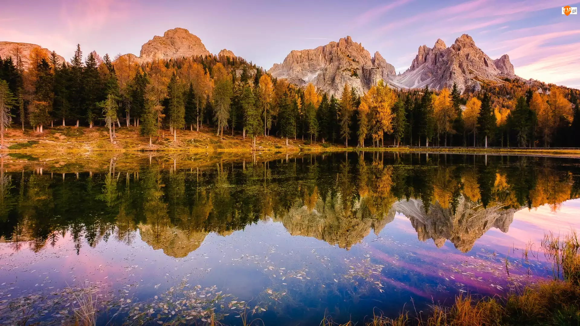 Włochy, Antorno Lake, Prowincja Belluno, Drzewa, Las, Góry, Dolomity, Jezioro, Jesień