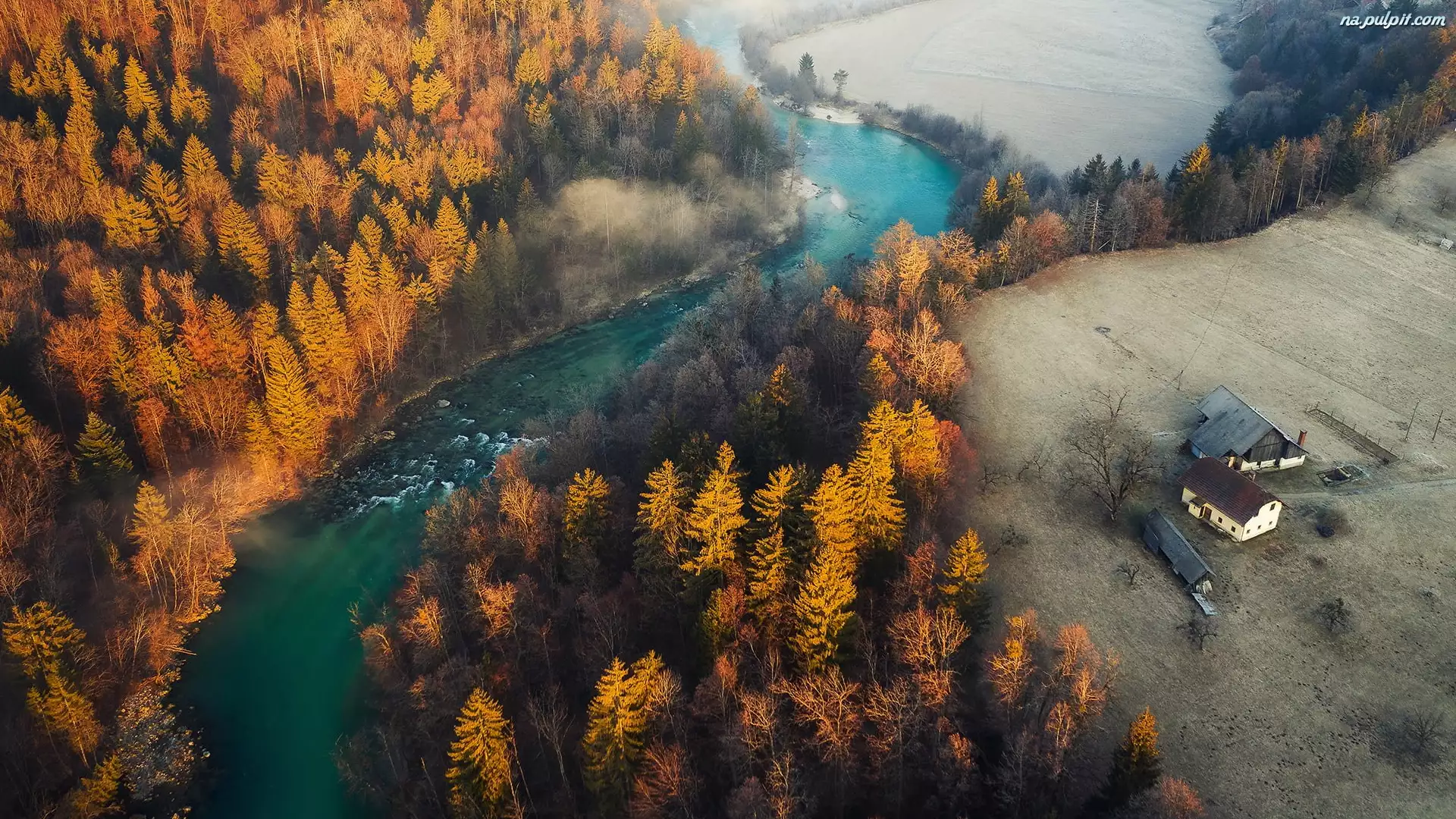 Słowenia, Rzeka Sava, Z lotu ptaka, Polana, Domy, Mgła, Pożółkłe, Jesień, Drzewa