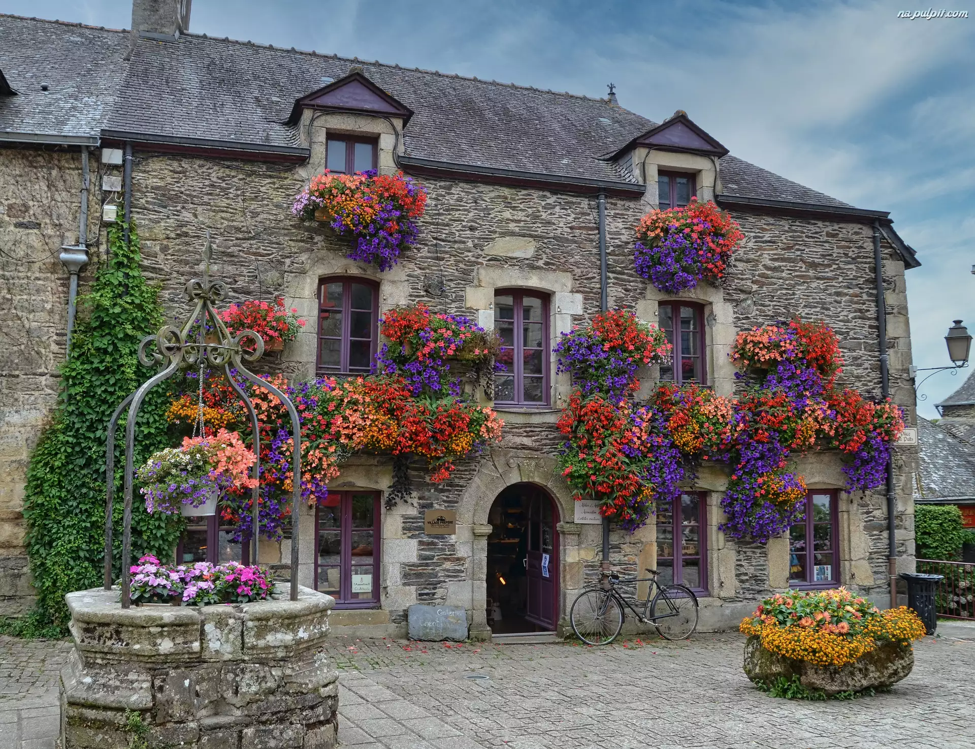 Dom, Studnia, Francja, Kamienny, Bretania, Rochefort en Terre, Kwiaty