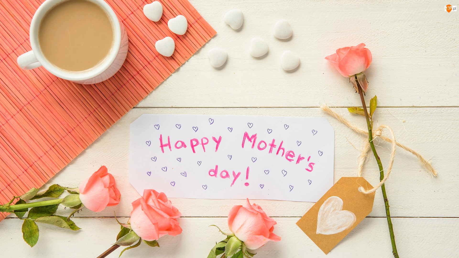 Happy Mothers Day, Kawa, Kartka, Deski, Róże, Napis, Dzień Matki, Serduszka