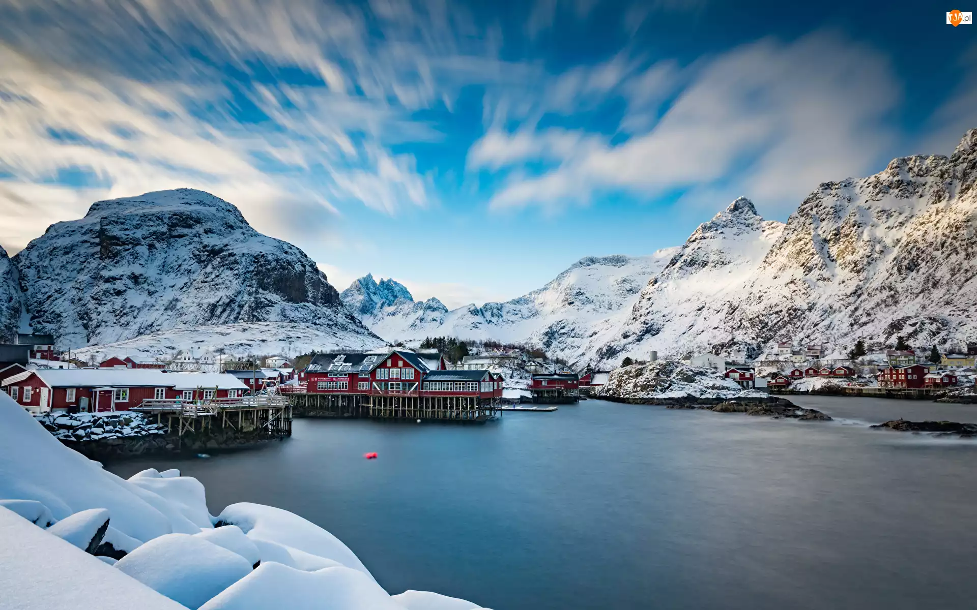 Góry, Lofoty, Śnieg, Norwegia, Zima, Chmury, Domy