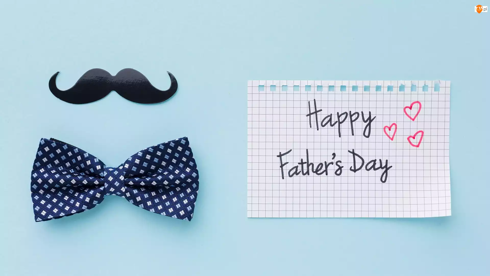 Happy Fathers Day, Dzień Ojca, Kartka, Niebieskie, Wąsy, Napis, Tło, Muszka
