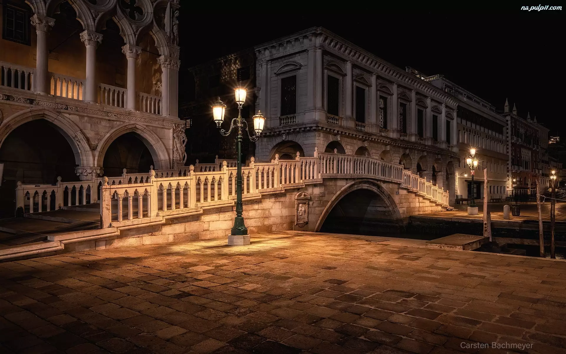 Wenecja, Włochy, Noc, Plac San Marco, Most, Latarnie