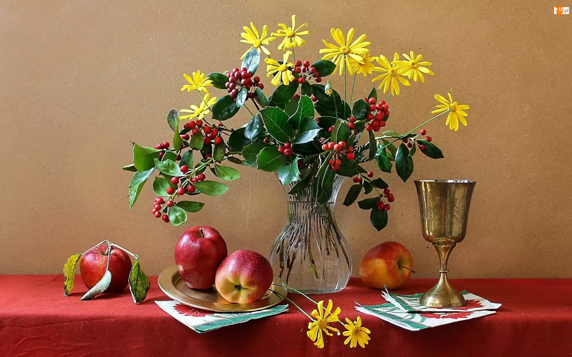 Kwiaty, Puchar, Żółte, Bukiet, Jabłka