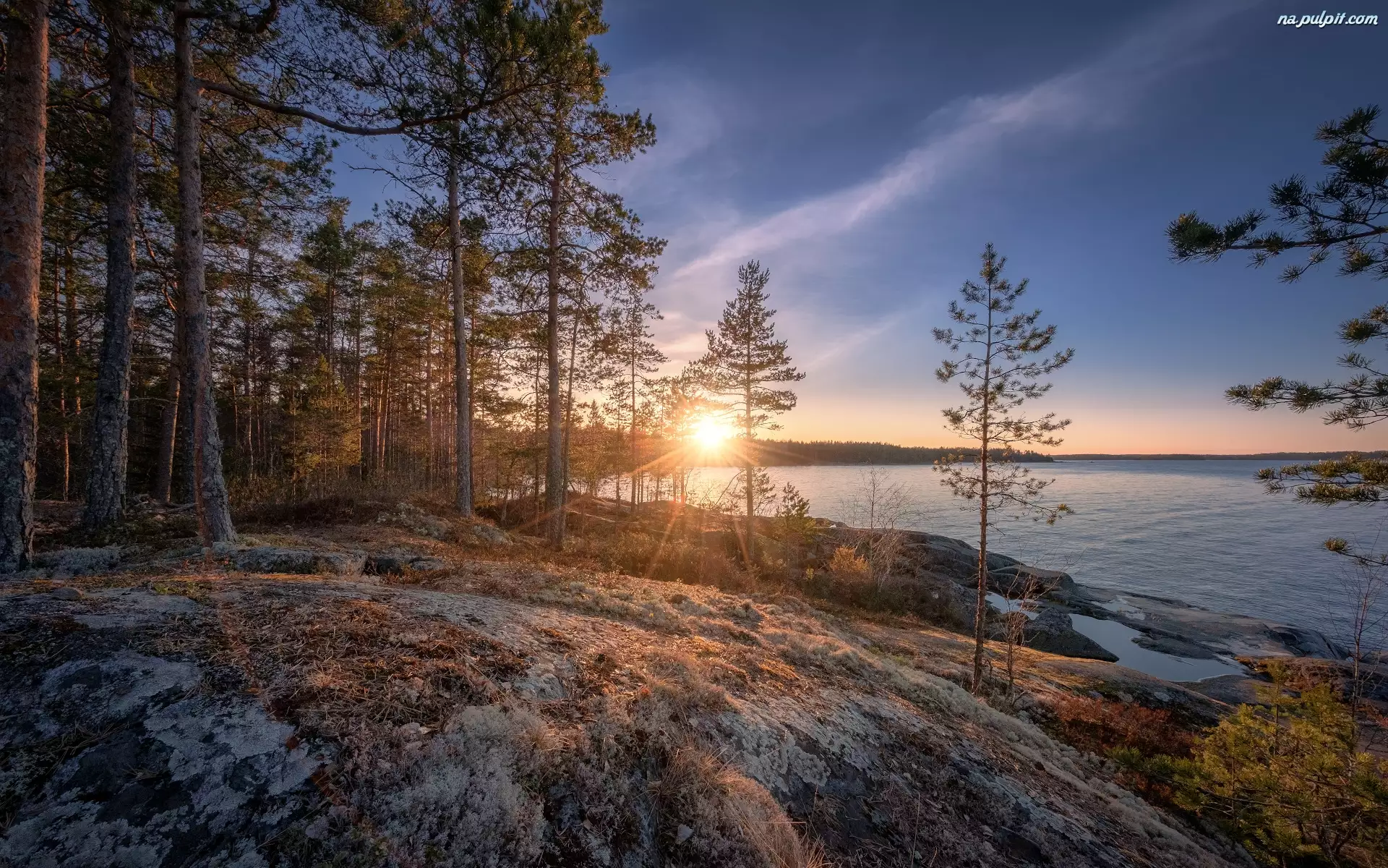 Karelia, Jezioro, Zachód słońca, Rosja, Skały, Drzewa, Ładoga