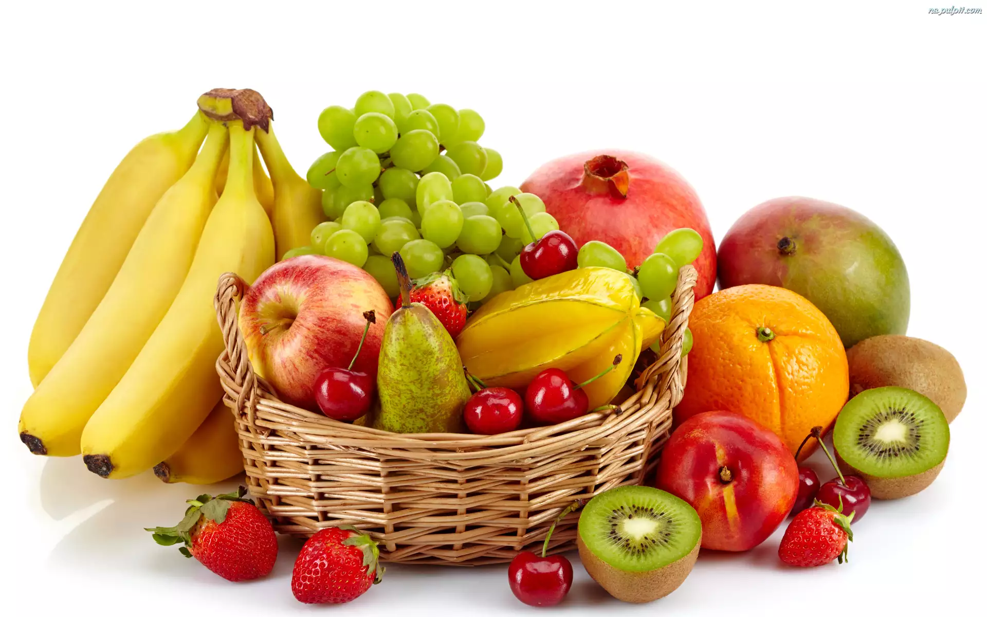 Banany, Owoce, Kiwi, Koszyk, Winogrona, Jabłka