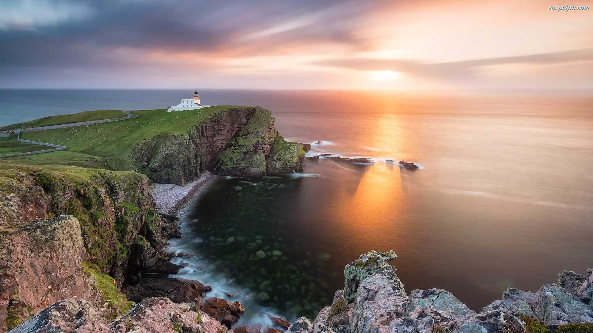 Wybrzeże, Latarnia morska, Szkocja, Morze, Wschód słońca, Skały, Stoer Lighthouse
