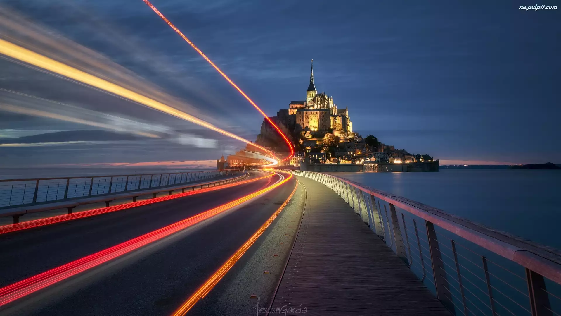 Klasztor, Mont Saint Michel, Francja, Opactwo św Archanioła, Normandia, Światła, Most