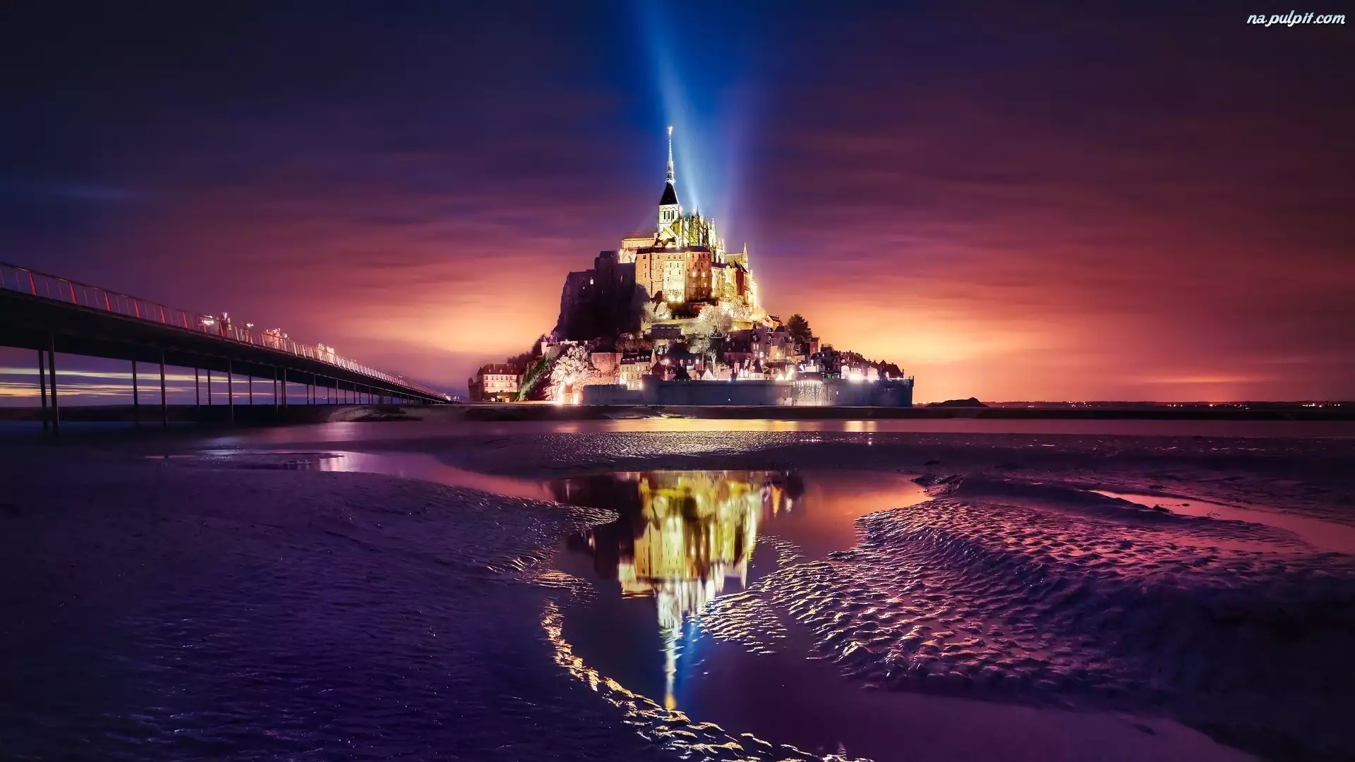 Klasztor, Opactwo św Archanioła, Światła, Francja, Mont Saint Michel, Normandia
