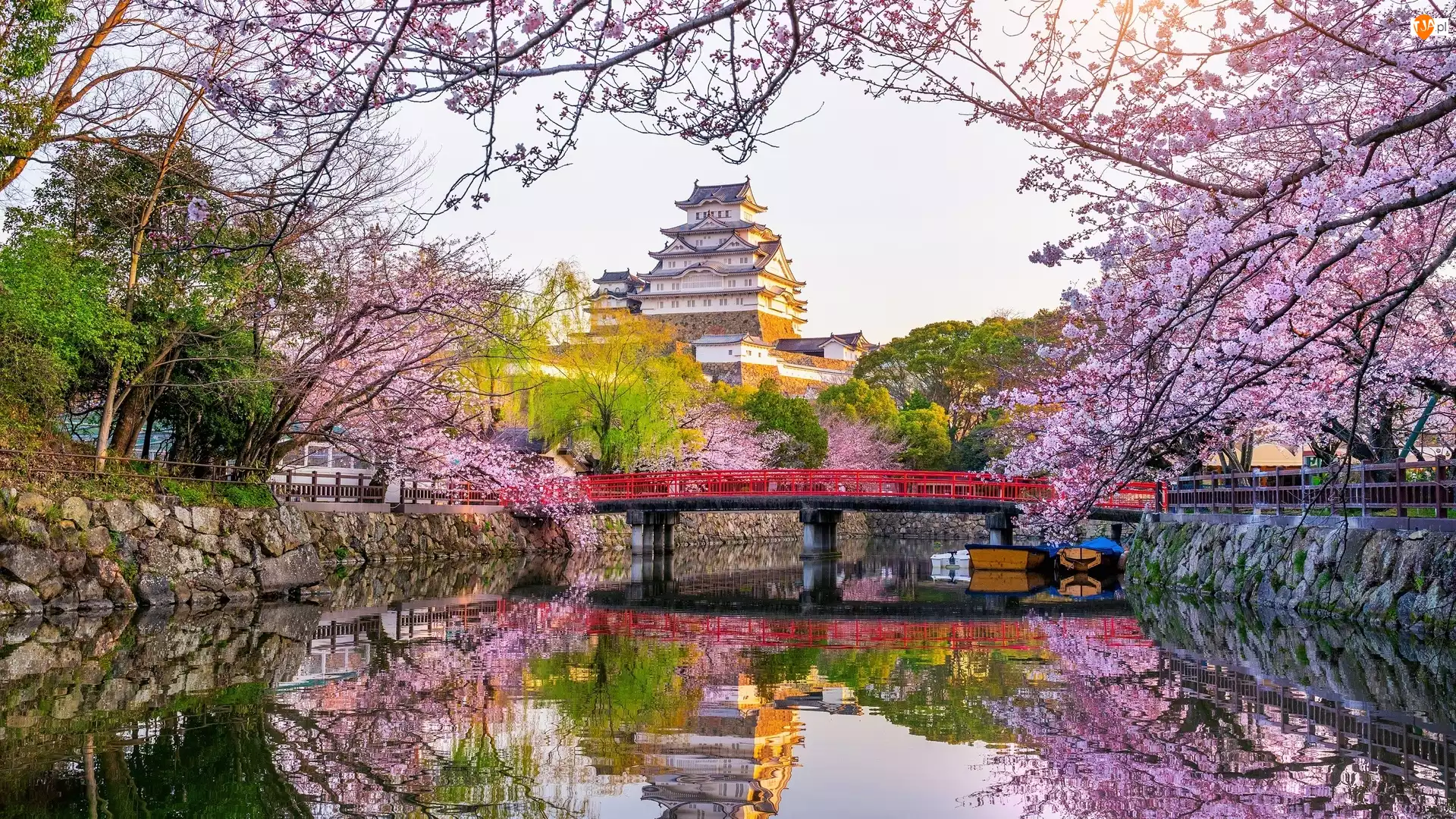 Japonia, Kanał, Most, Drzewa, Zamek Himeji, Wiosna, Okwiecone, Zamek Białej Czapli, Gałęzie, Himeji