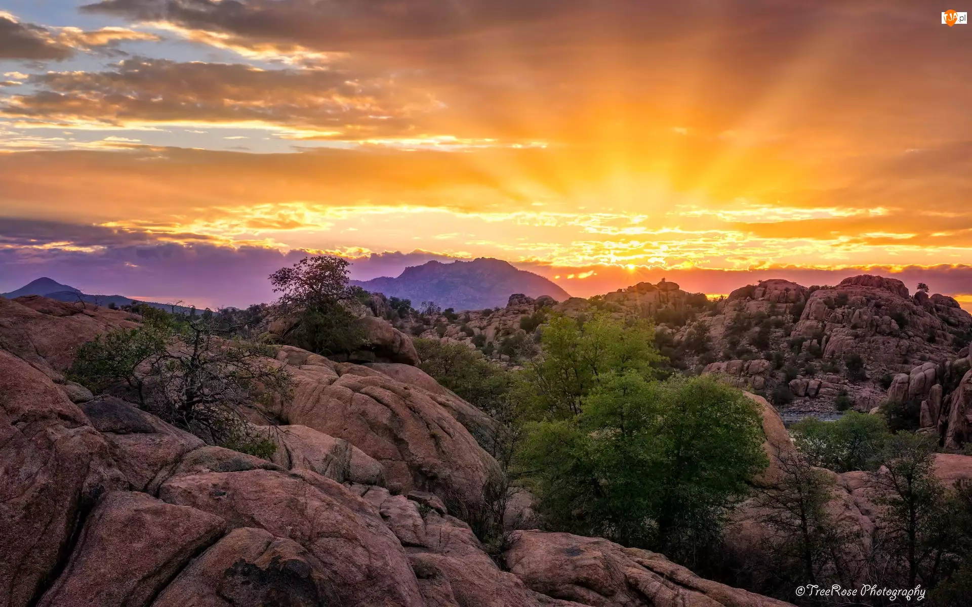 Prescott, Zachód słońca, Skały, Arizona, Góry, Granite Dells, Stany Zjednoczone, Granitowe