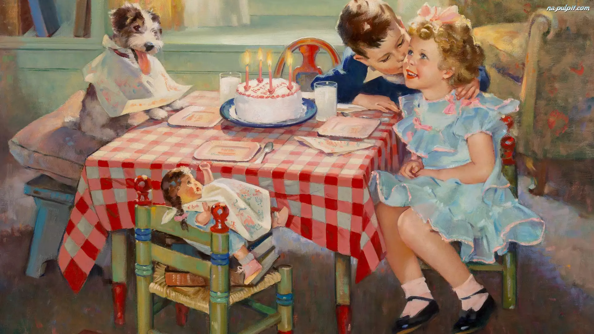 Frederick Sands Brunner, Malarstwo, Dzieci, Całus, Urodziny, Tort