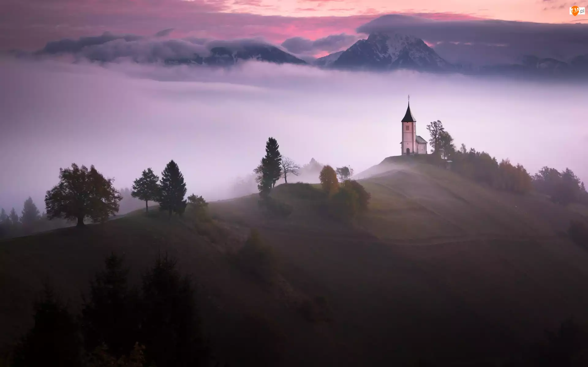 Mgła, Wzgórze, Słowenia, Kościół św Primusa i Felicjana, Wieś Jamnik, Drzewa, Góry