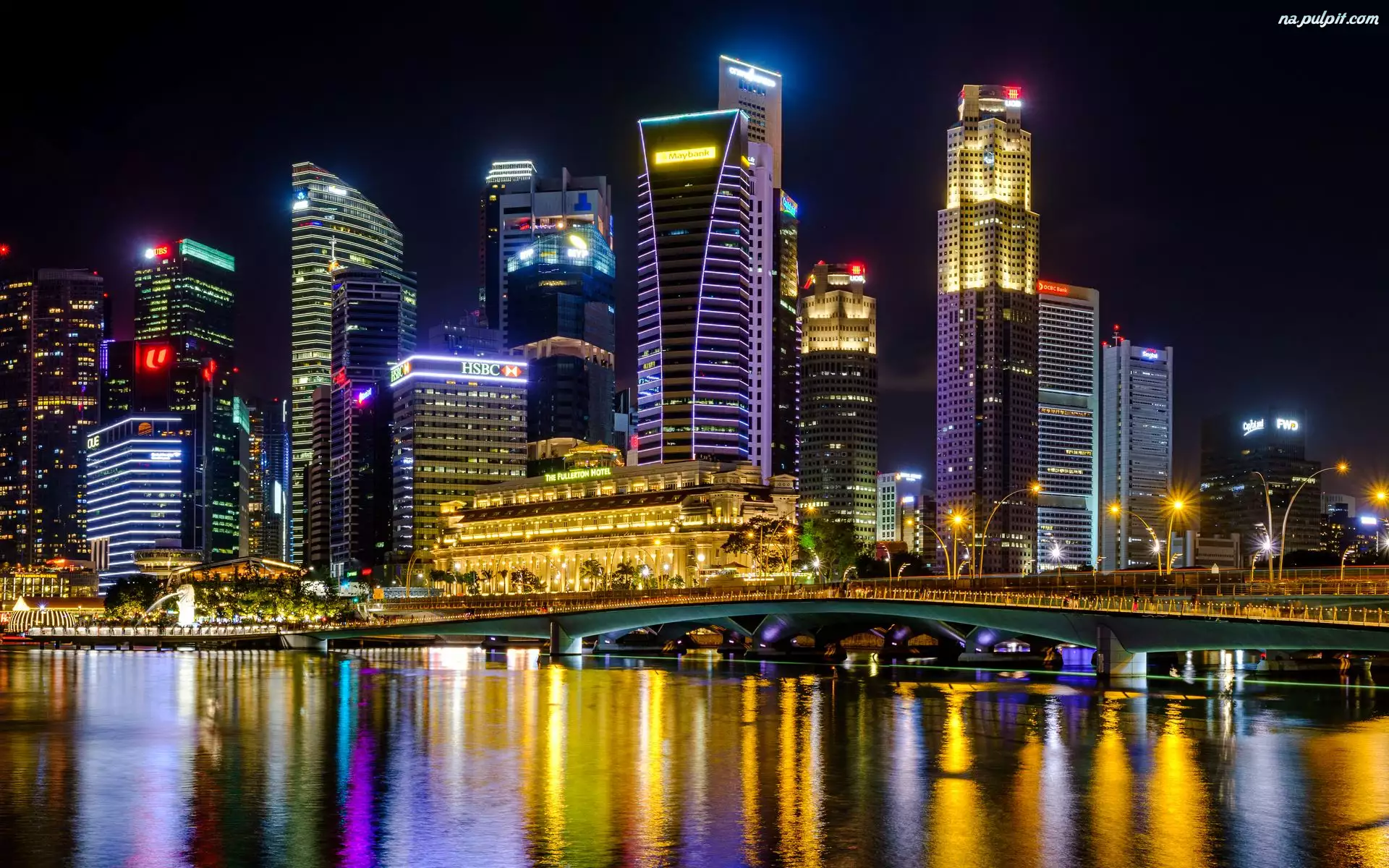 Noc, Wieżowce, Most, Most, Oświetlone, Promenada Esplanade, Singapur, Central Business District