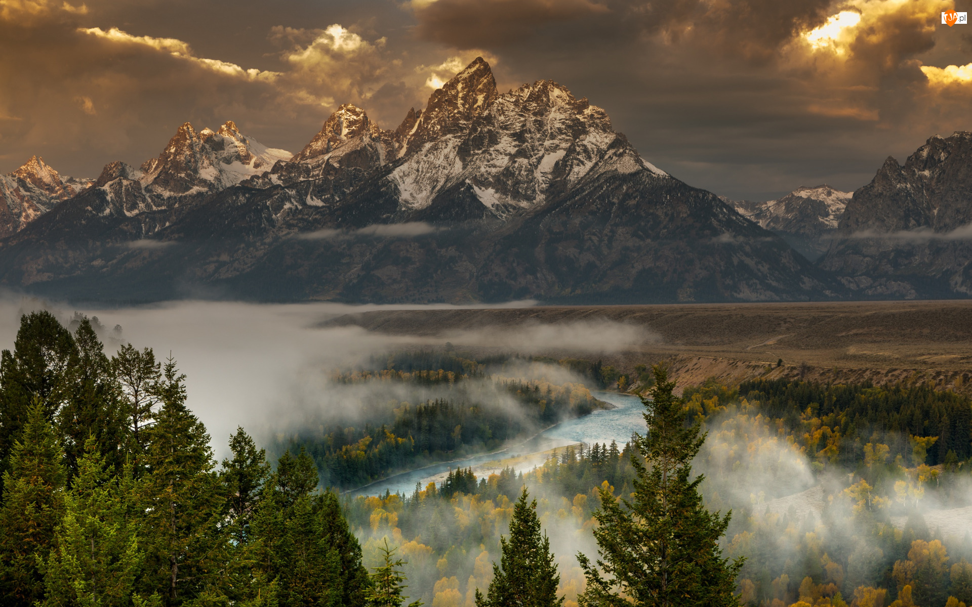 Chmury, Mgła, Rzeka, Drzewa, Park Narodowy Grand Teton, Stany Zjednoczone, Teton Range, Góry, Lasy, Snake River