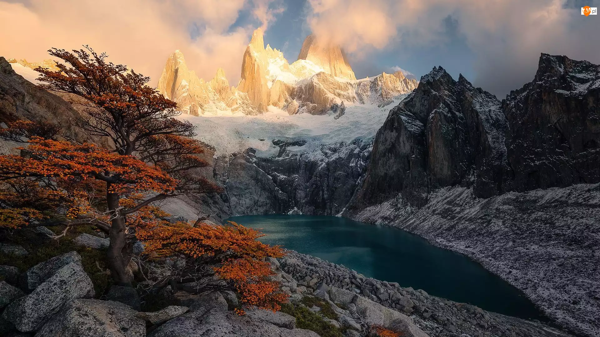 Jezioro, Argentyna, Szczyt, Drzewo, Patagonia, Fitz Roy, Chmury, Góry