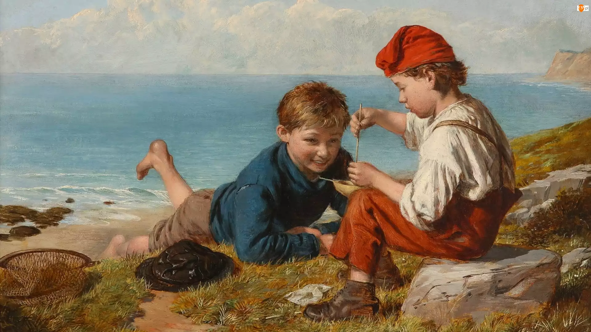 Obraz, Malarstwo, Chłopcy, Morze, William Hemsley, Wędkowanie