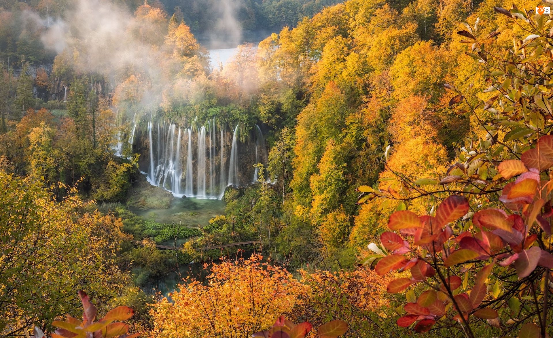 Jesień, Kolorowa, Roślinność, Drzewa, Plitwice, Park Narodowy Jezior Plitwickich, Wodospad, Chorwacja, Las, Mgła