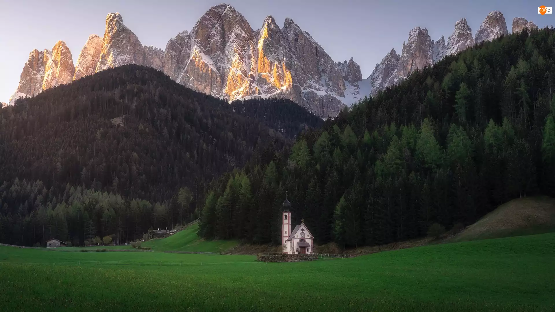 Góry, Kościół św Jana, Dolina, Dolomity, Las, Val di Funes, Włochy, Góry