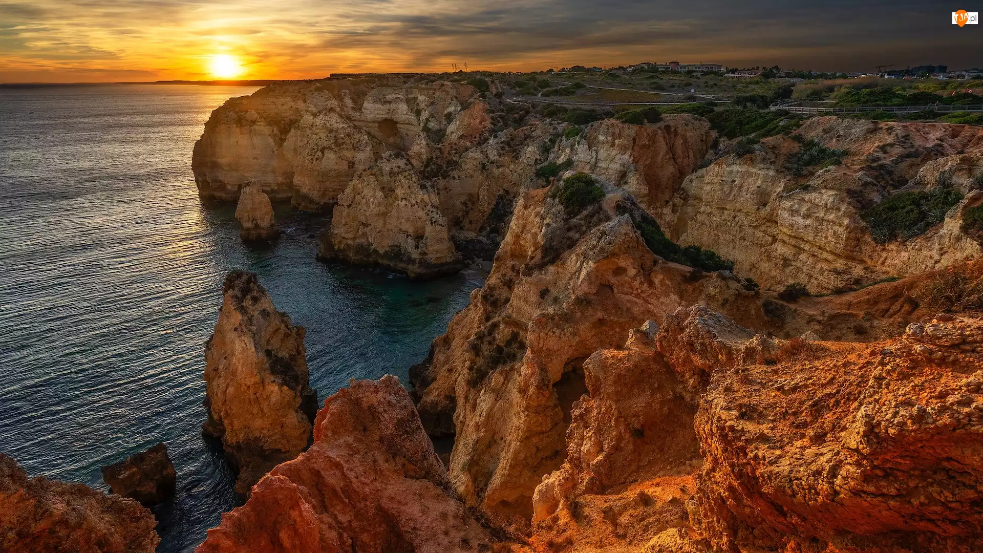 Region Algarve, Cypel, Zachód słońca, Portugalia, Skały, Morze, Ponta da Piedade