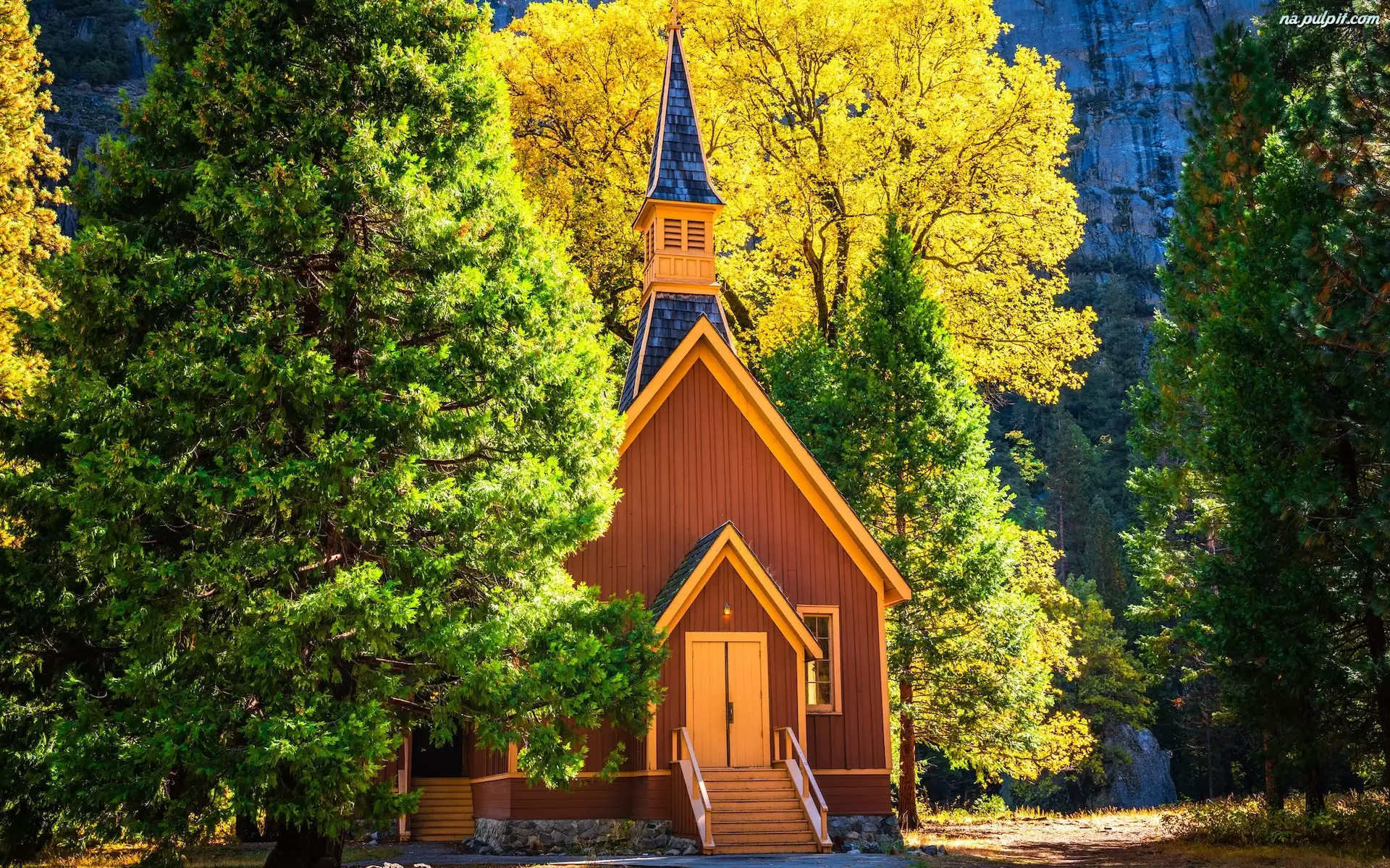 Kalifornia, Park Narodowy Yosemite, Jesień, Stany Zjednoczone, Drzewa, Kaplica, Kościół
