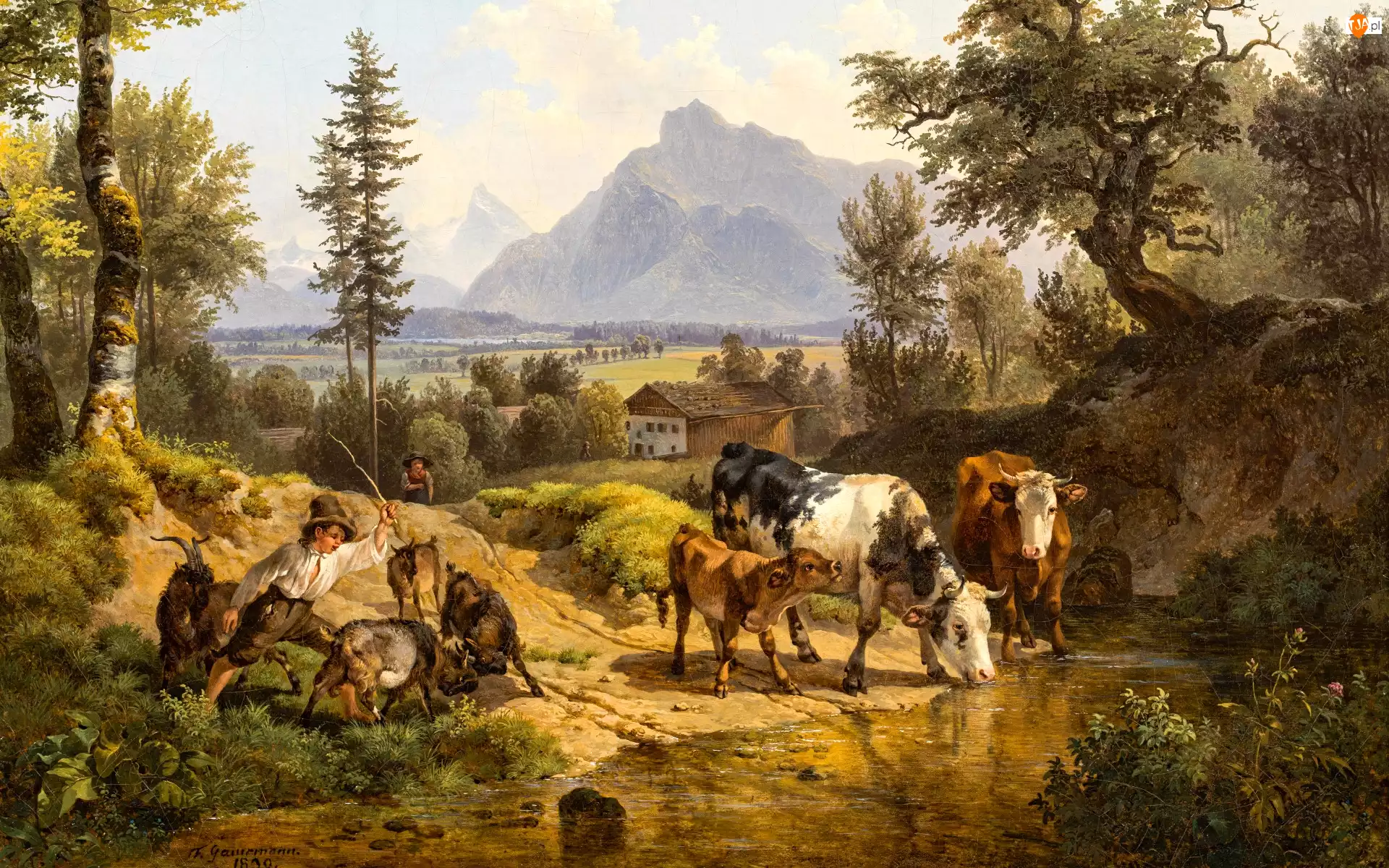 Wieś, Drzewa, Kozy, Dom, Friedrich Gauermann, Reprodukcja obrazu, Góry, Rzeka, Chłopiec, Krowy