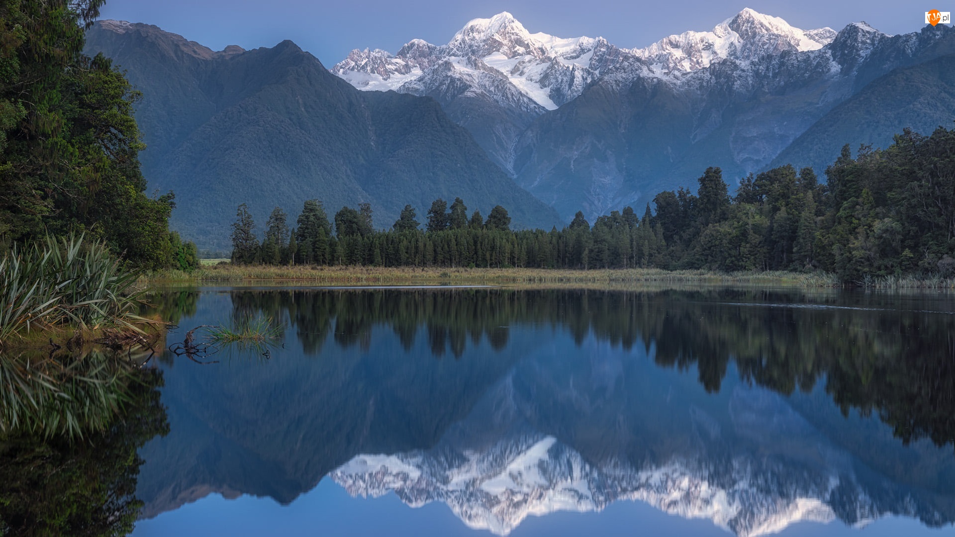 Góry, Drzewa, Nowa Zelandia, Park Narodowy Góry Cooka, Góra Cooka, Jezioro Matheson, Odbicie