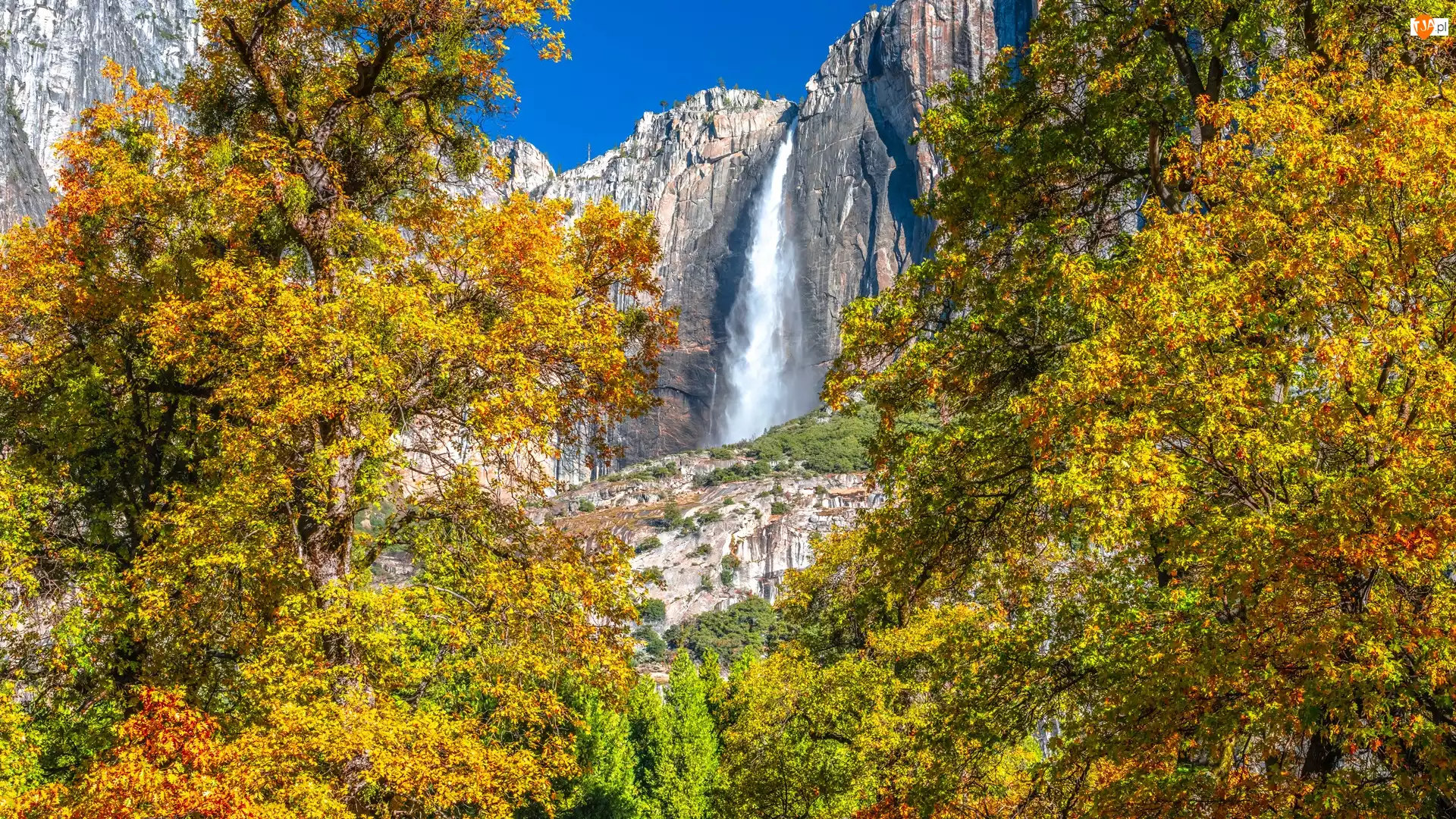 Jesień, Park Narodowy Yosemite, Upper Yosemite Falls, Kalifornia, Góry, Drzewa, Stany Zjednoczone, Wodospad