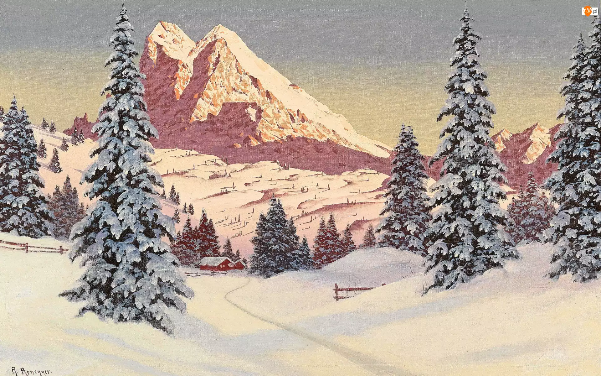 Obraz, Alois Arnegger, Zima, Malarstwo, Domy, Drzewa, Góry
