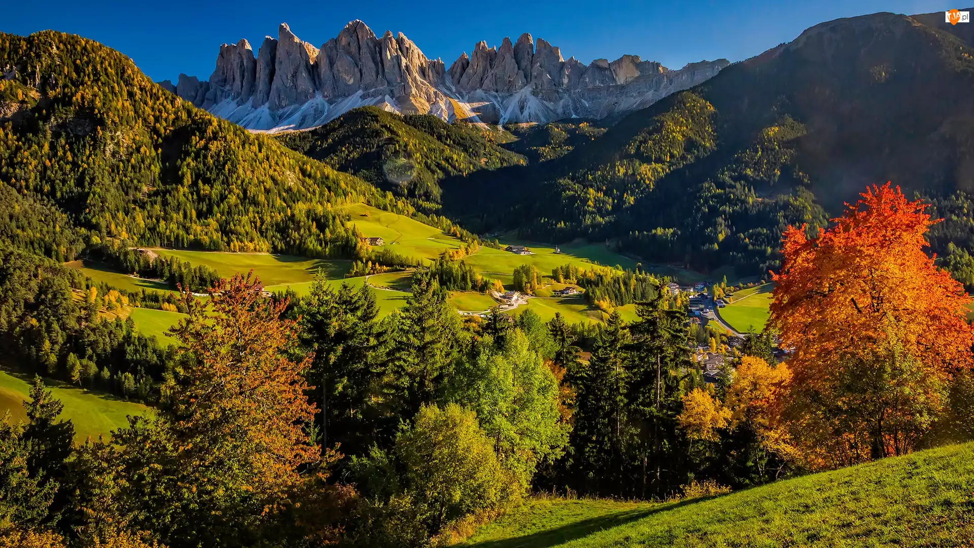 Jesień, Włochy, Dolina Val di Funes, Domy, Góry, Santa Maddalena, Drzewa, Dolomity